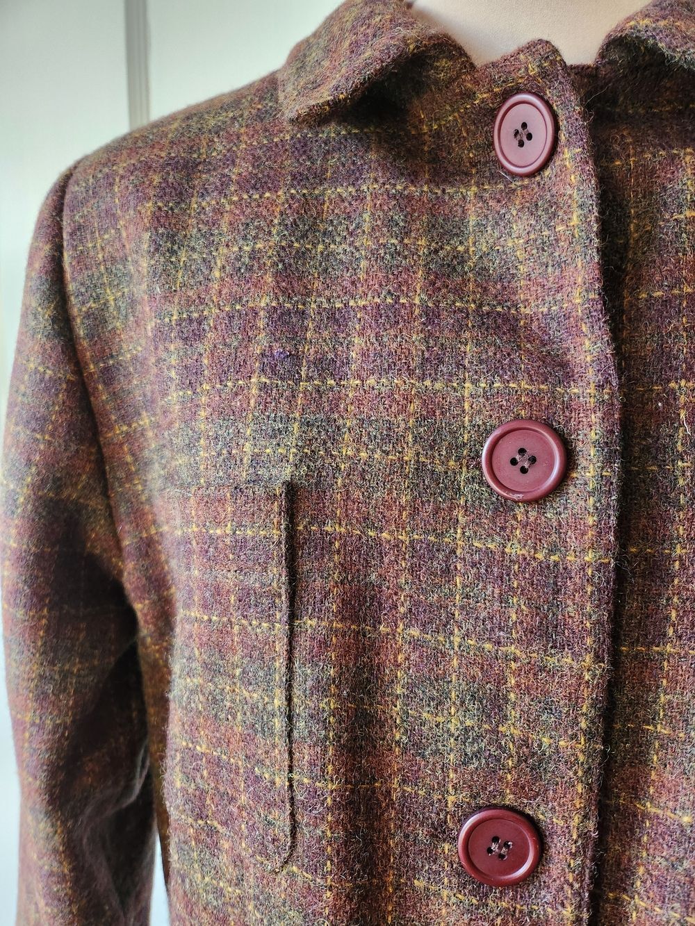 Vtg 100% Wool Autumn Leaves Brown Checked Plaid Tweed Bomber Jacket - Picture 2 of 11